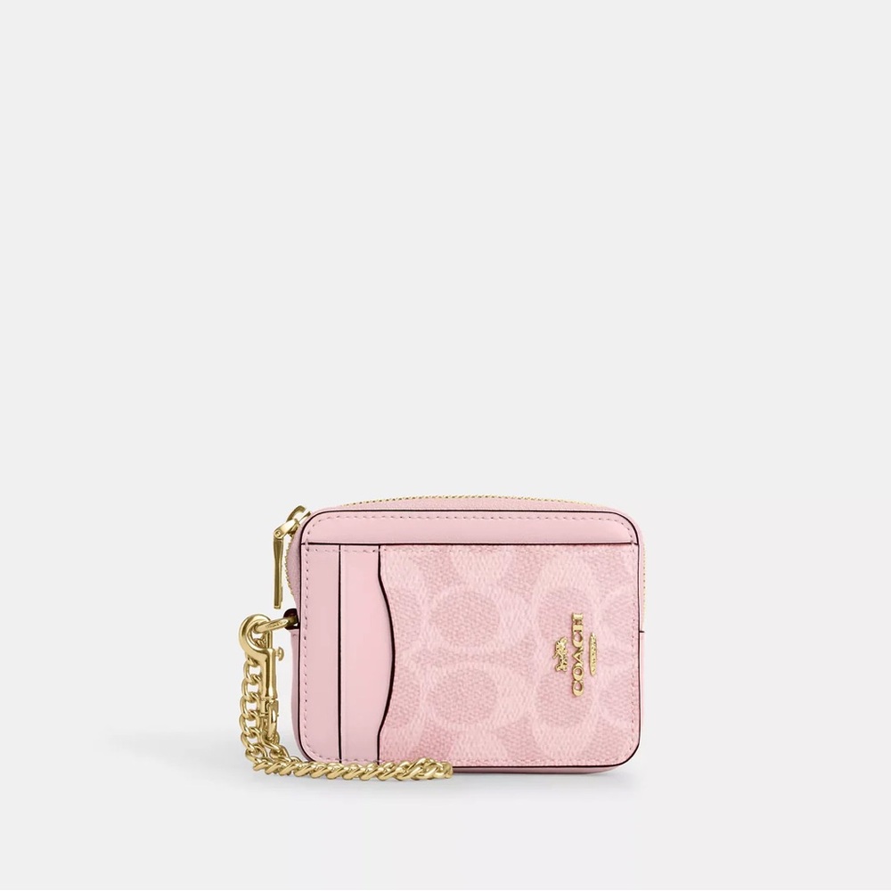 Coach Light Pink Wallet with Gold Chain (Zip Card Case)